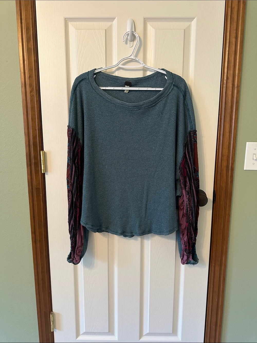 We The Free Teal Waffle Knit Top with Burgundy Patterned Balloon Sleeves